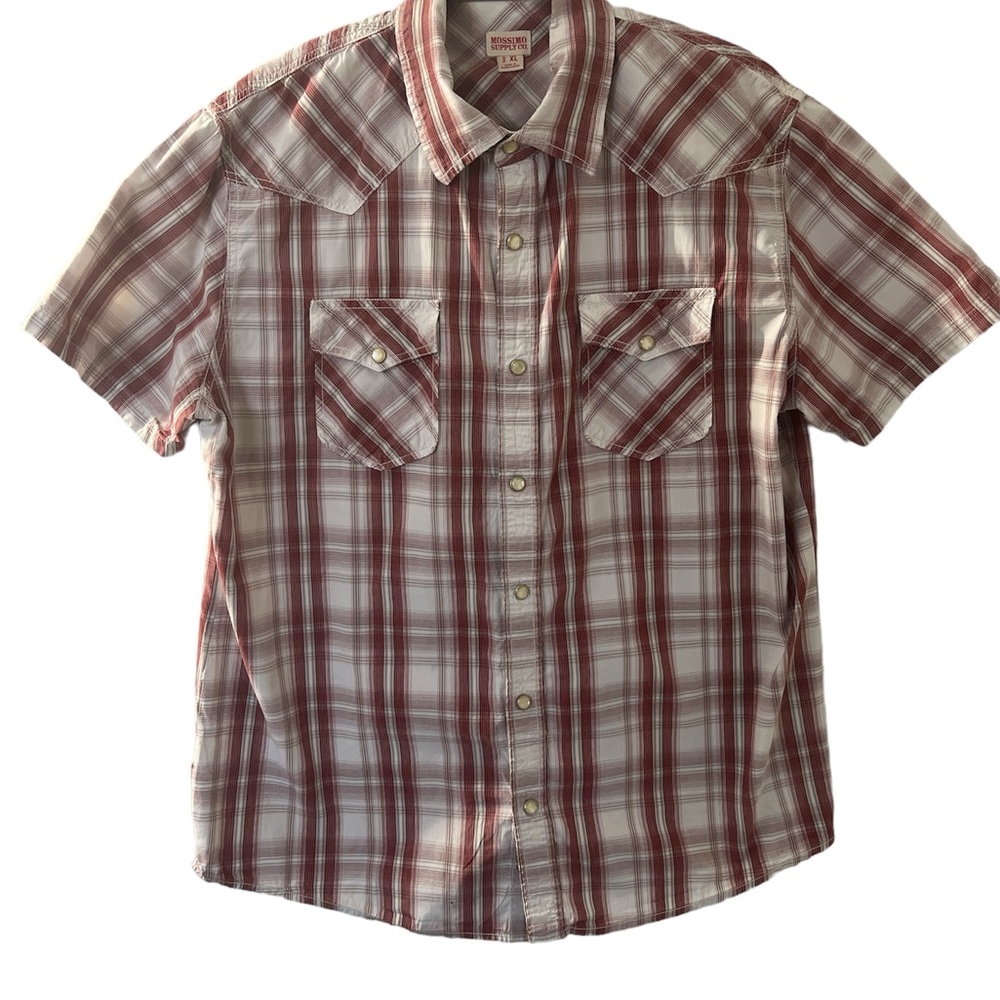 Mosssimo Vtg boys plaid short sleeve part snap button XL